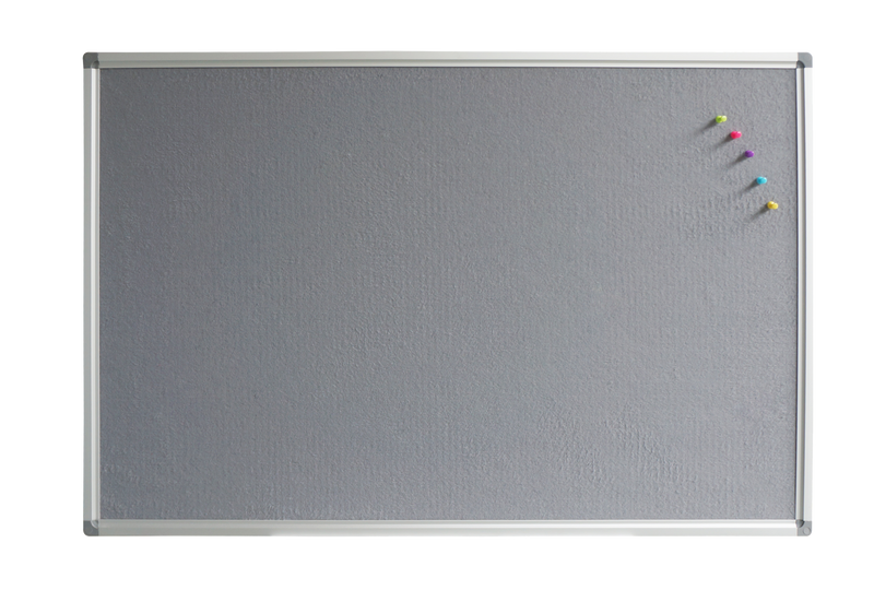 Rapidline Standard Pinboard in grey felt, front view of the grey felt surface in a silver frame, with coloured pins in the top right corner.