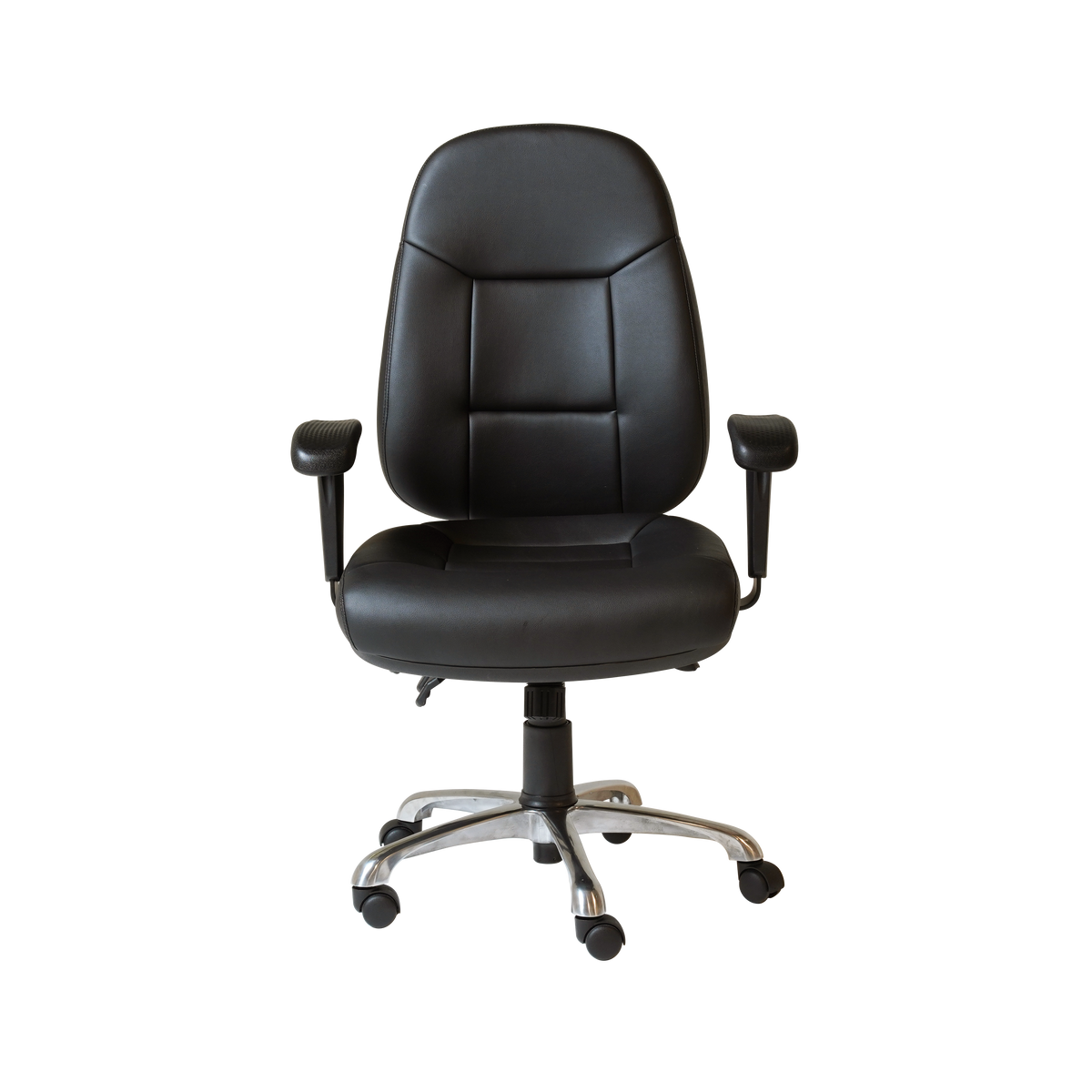 Front view of the Rapidline PU300 high back chair in black PU with adjustable arms on a chrome 5 star base.