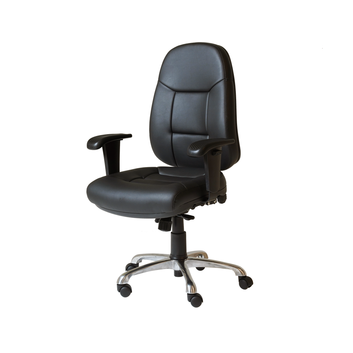 Front three quarter view of the Rapidline PU300 chair in black PU showing the stitched back panels and chrome base.