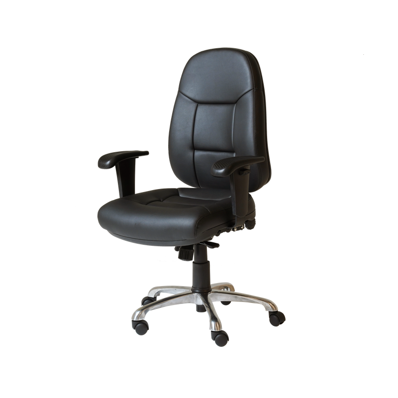 Front three quarter view of the Rapidline PU300 chair in black PU showing the stitched back panels and chrome base.
