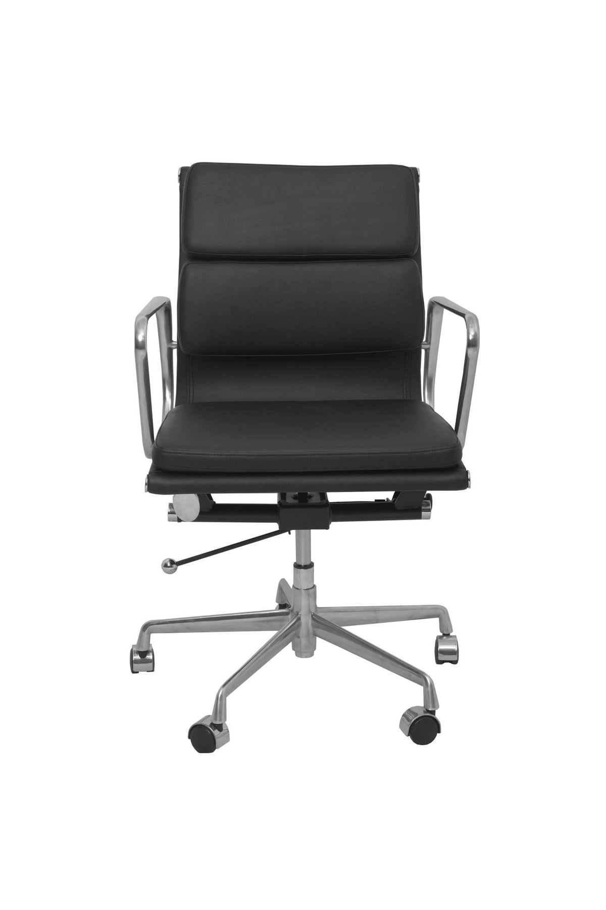 Front view of the Rapidline PU900M medium back chair in black PU with loop arms on a 5 star spider base.