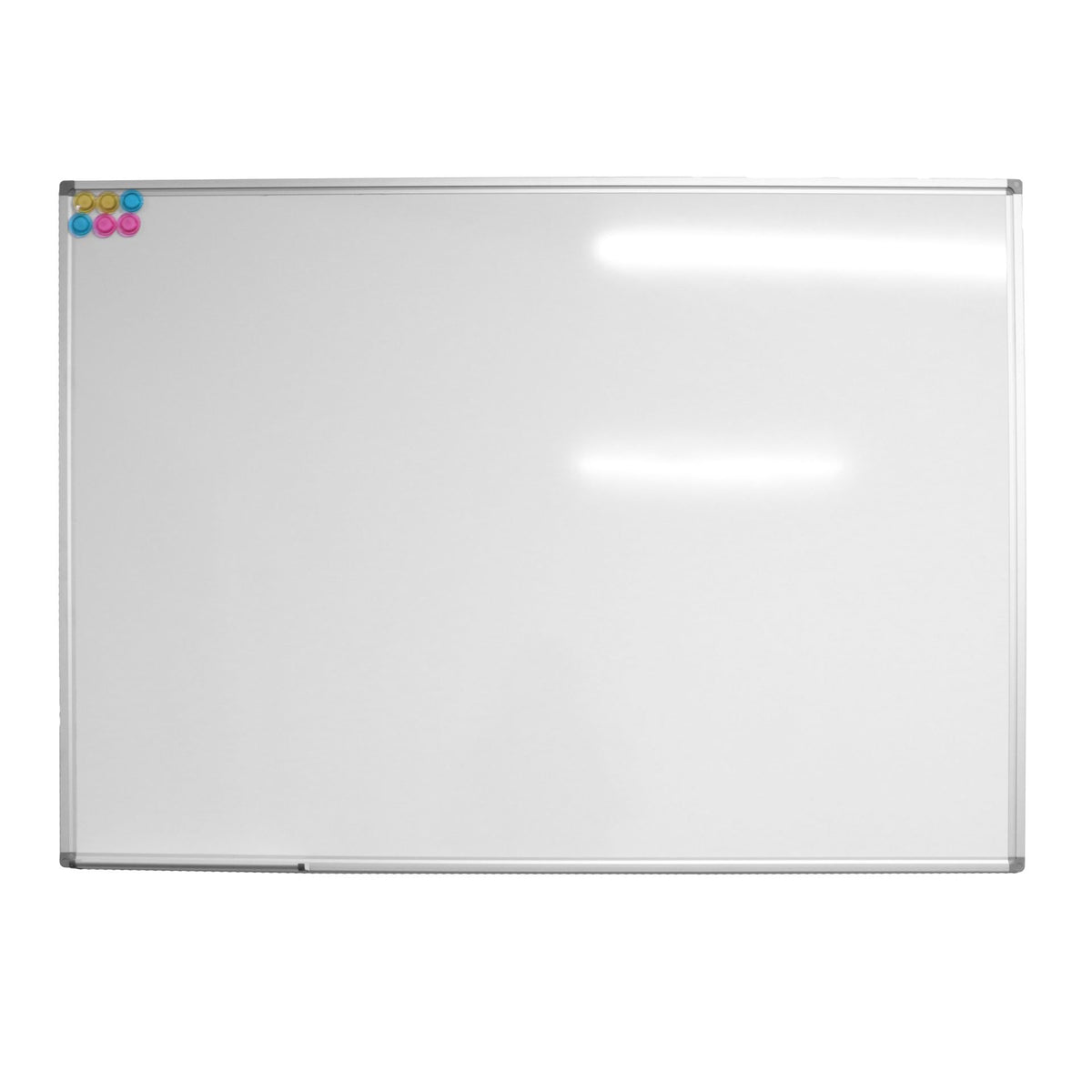 Rapidline Porcelain Whiteboard range, front view of the white porcelain writing surface with a silver aluminium frame, grey corner caps and a pen tray.