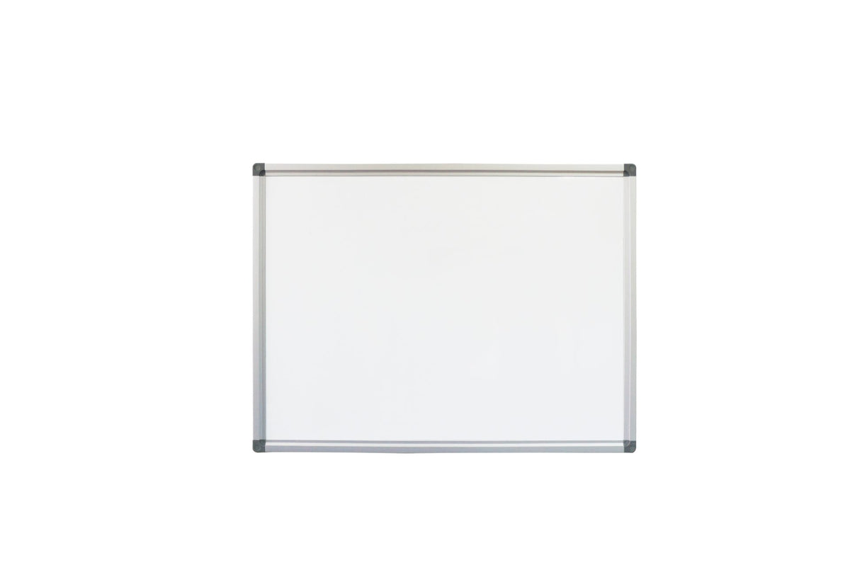 Rapidline Porcelain Whiteboard range, front view of the white porcelain writing surface with a silver aluminium frame, grey corner caps and a pen tray.