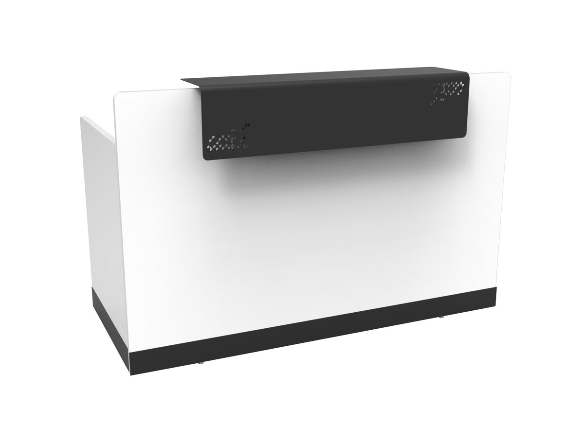 Rapidline RC1809 reception counter seen from the visitor side at an angle, natural white body with the perforated black metal cowl and kick plate.
