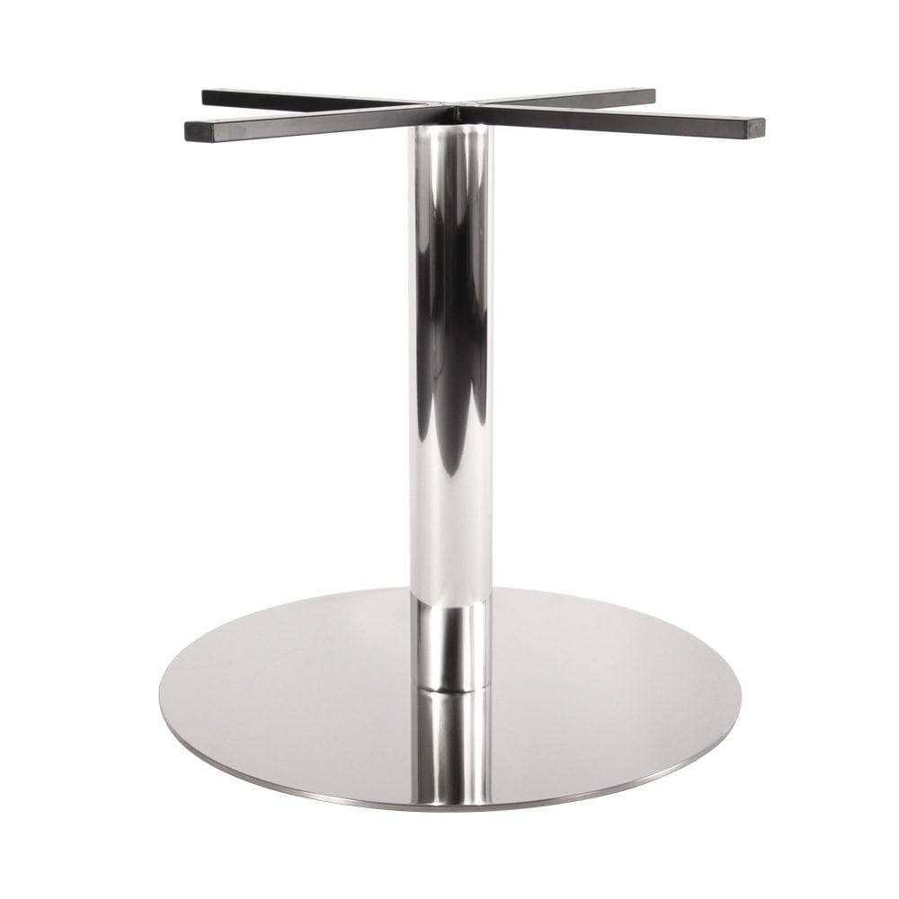 Rapidline Estilo disc base table frame in polished stainless steel with cross-arm top supports, single column and round disc foot, frame only