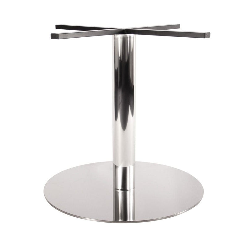 Rapidline Estilo disc base table frame in polished stainless steel with cross-arm top supports, single column and round disc foot, frame only
