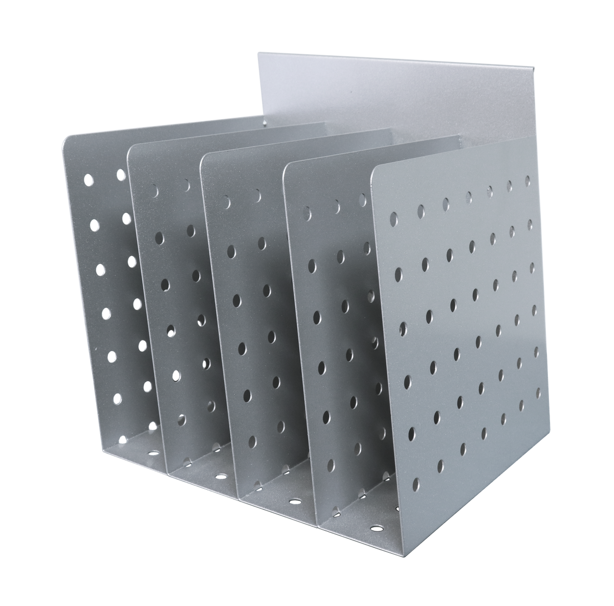 Rapidline Rapid Screen 4 slot document divider in silver grey perforated steel, front three-quarter view showing the four upright slots