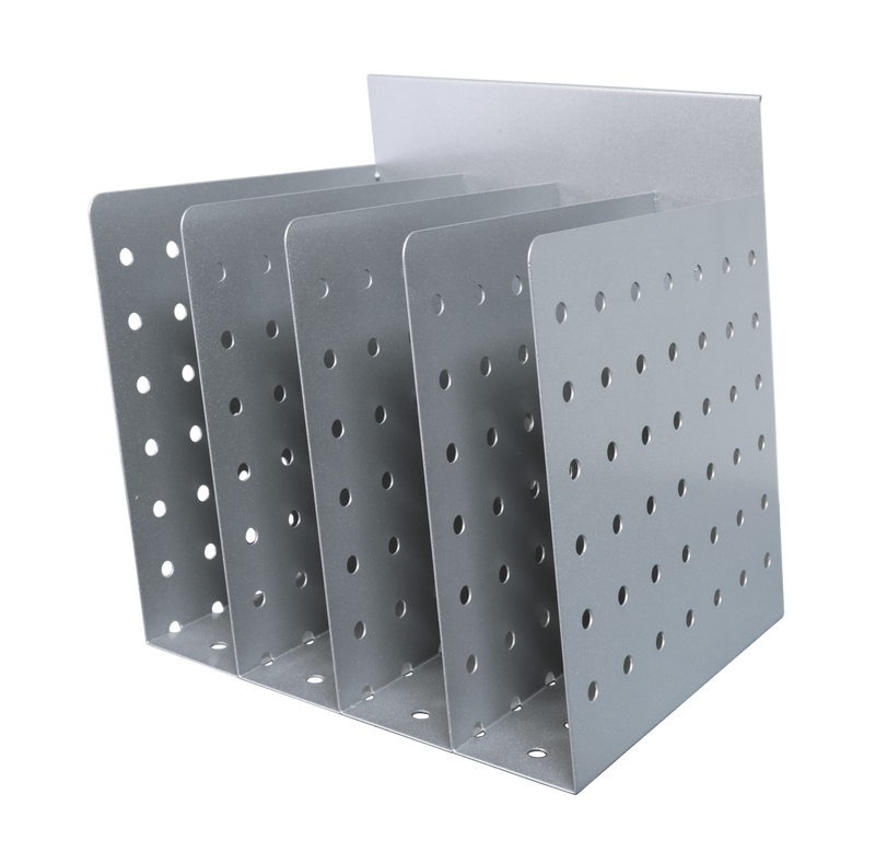 Rapidline Rapid Screen 4 slot document divider in silver grey perforated steel, front three-quarter view showing the four upright slots