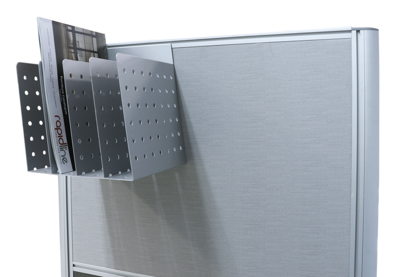 Rapidline Rapid Screen 4 slot document divider mounted on a Rapid Screen panel and holding magazines and brochures