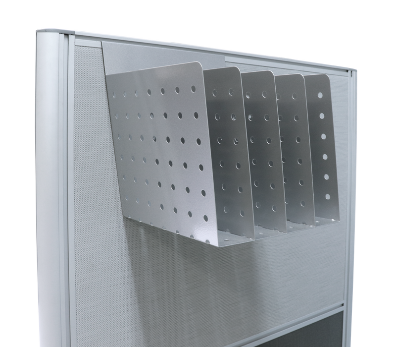 Rapidline Rapid Screen 4 slot document divider hung on the top of a grey Rapid Screen, side view of the perforated slot panels