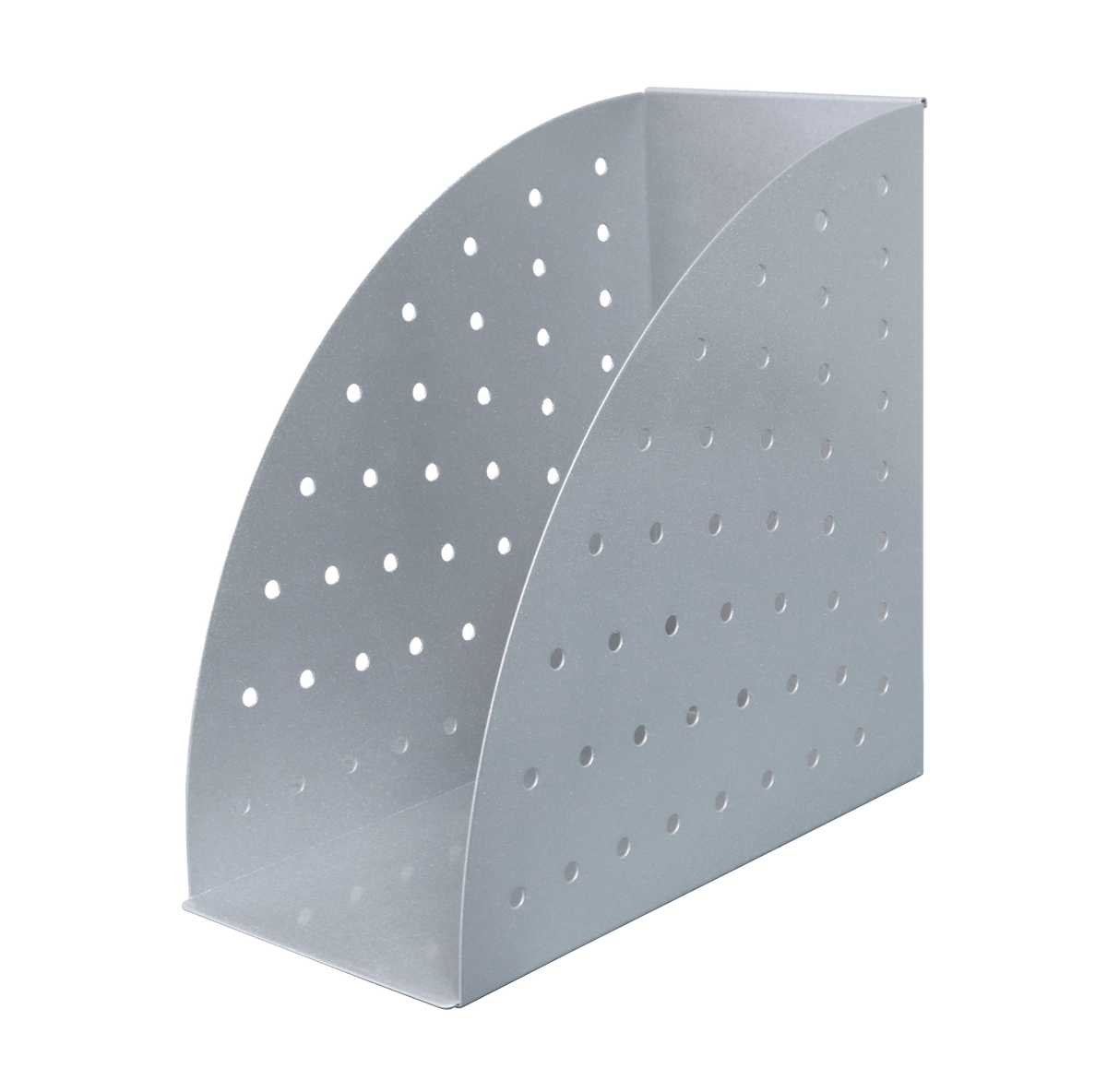 Rapidline Rapid Screen file holder in silver grey perforated steel, front three-quarter view showing the curved perforated side panels