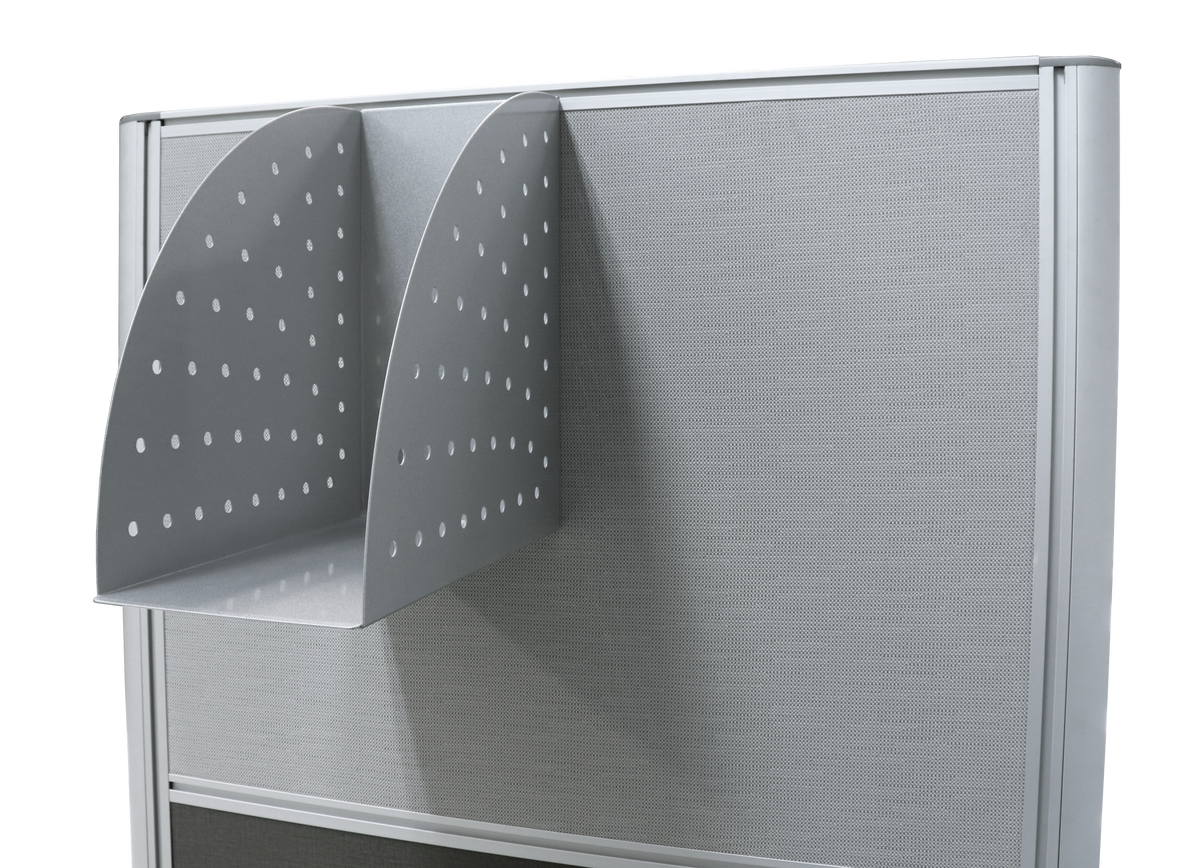 Rapidline Rapid Screen file holder mounted on a grey Rapid Screen panel, showing how it hangs from the top of the screen