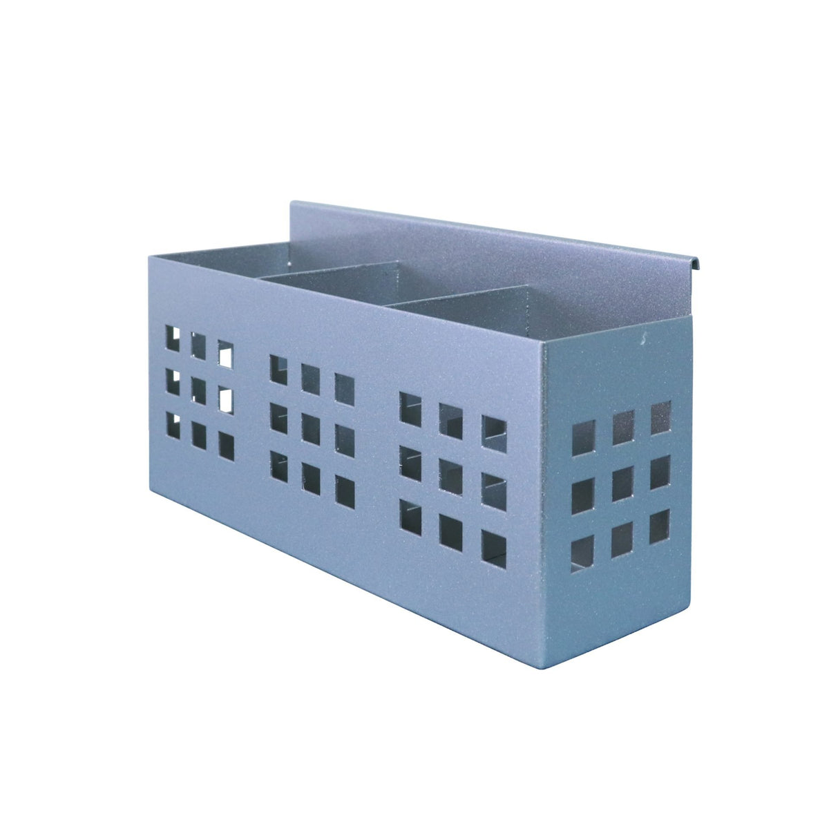 Rapidline Rapid Screen 3 slot pen holder in silver grey perforated steel, angled view into the three compartments