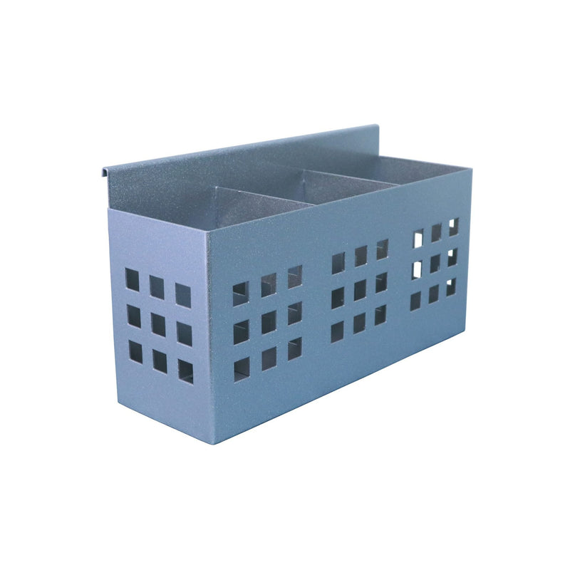 Rapidline Rapid Screen 3 slot pen holder in silver grey steel, three-quarter view showing the hook lip and square perforations