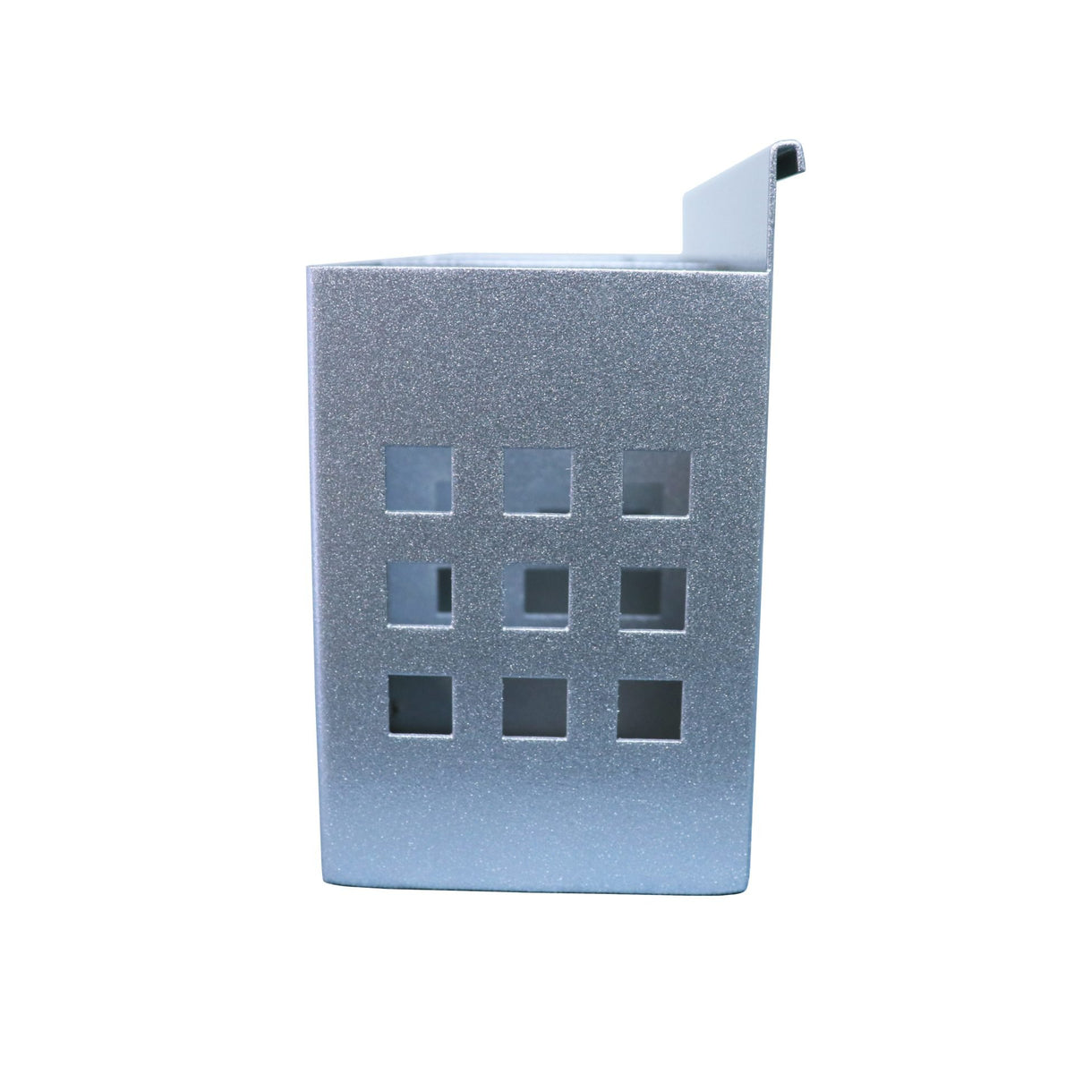 Rapidline Rapid Screen 3 slot pen holder in silver grey steel, end view showing the mounting hook