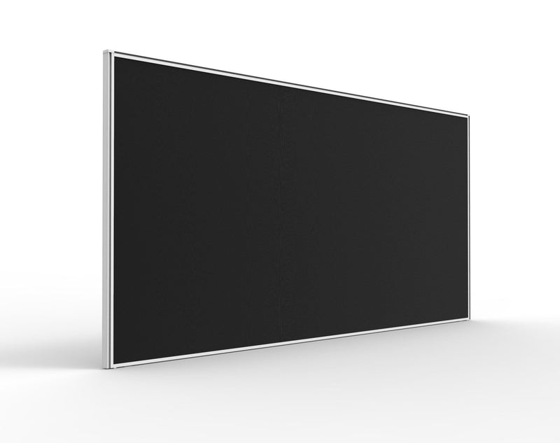 Rapidline Shush30 screen 1800 x 900mm in black fabric with white frame, perspective view from the side