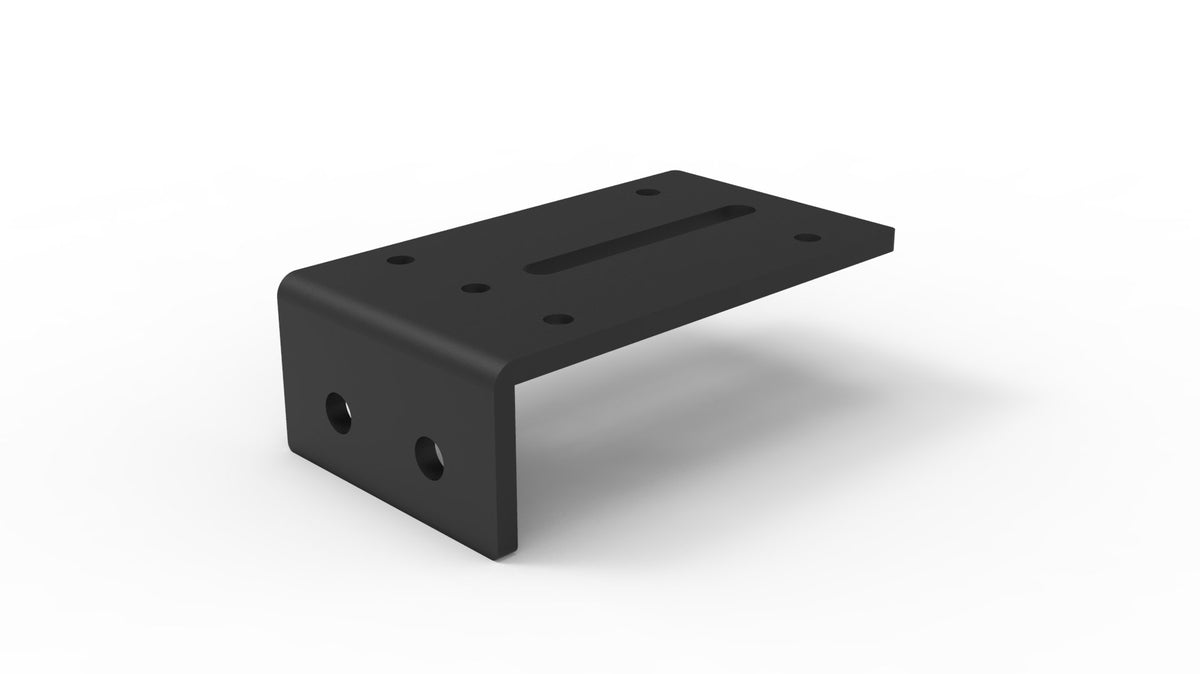 Rapidline Shush30 Plus double screen fixing bracket rendered in black powder coat, a wide slotted plate with a folded front tab and two bolt holes.