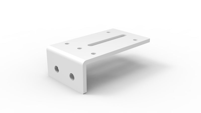 Rapidline Shush30 Plus double screen fixing bracket rendered in white powder coat, a wide slotted plate with a folded front tab and two bolt holes.