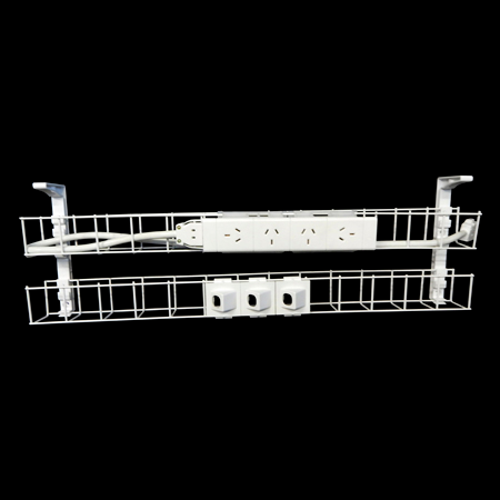 Rapidline Rapid Wiring dual tier cable basket kit in white with power module, data modules and lead fitted, shown on a black background