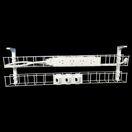 Rapidline Rapid Wiring dual tier cable basket kit in white with power module, data modules and lead fitted, shown on a black background