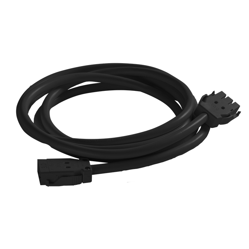 Rapidline CMS interconnecting lead in black, coiled, with the connector ends shown in front of the cable