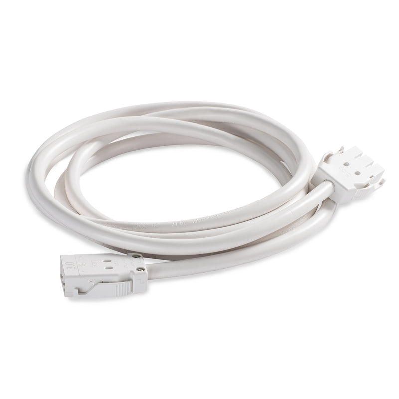 Rapidline CMS interconnecting lead in white, coiled, with the connector ends shown in front of the cable