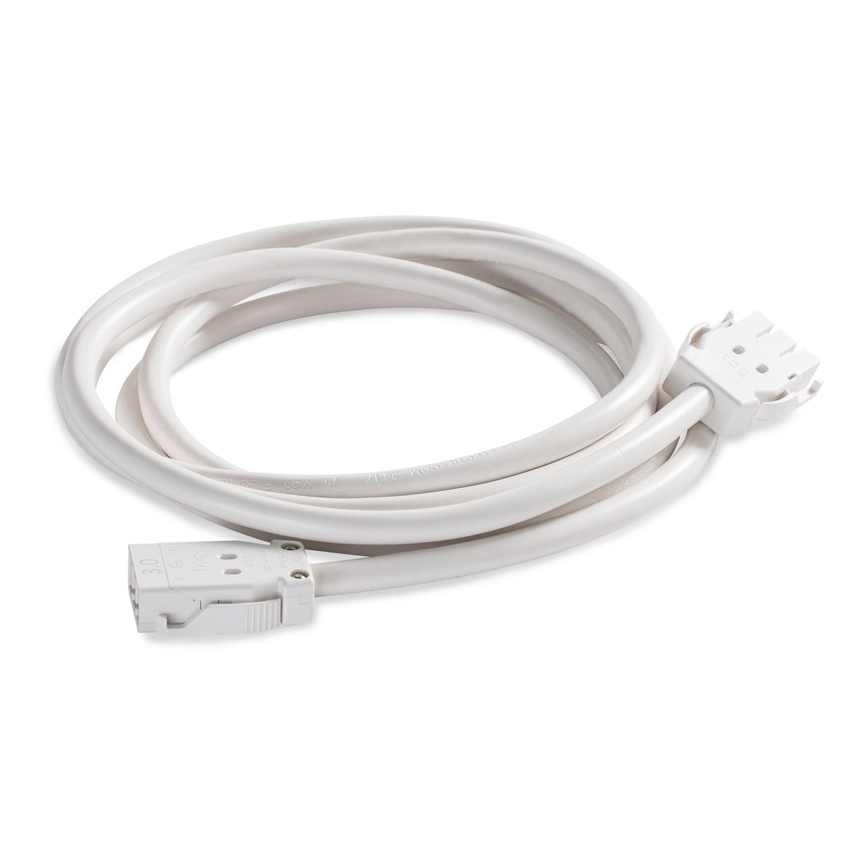 Rapidline CMS interconnecting lead in white, coiled, with the connector ends shown in front of the cable