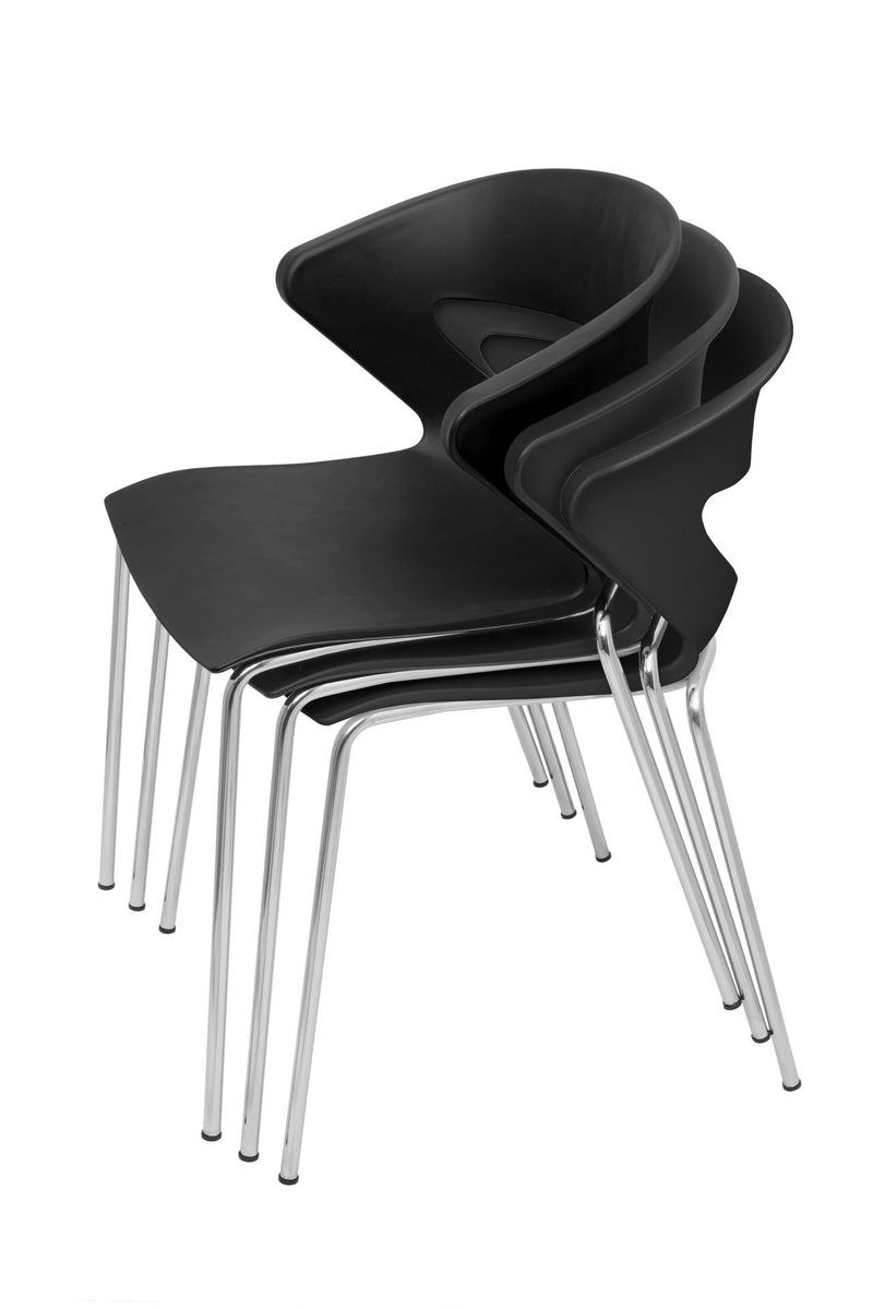 Four Rapidline Taurus chairs in black stacked together on their chrome legs, showing how the chairs nest for storage