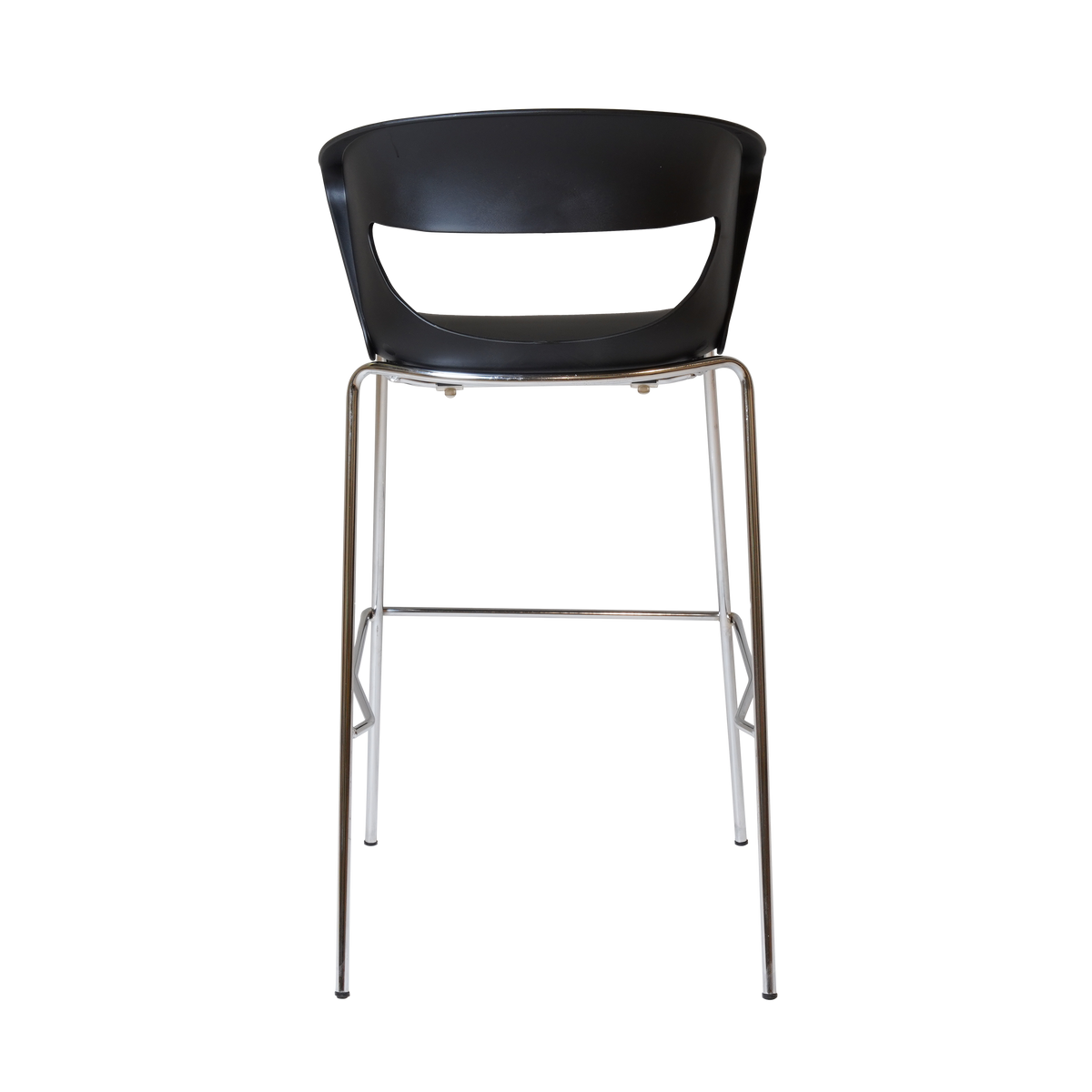 Rapidline Taurus stool in black, rear view showing the back of the polypropylene shell and the chrome 4 leg underframe