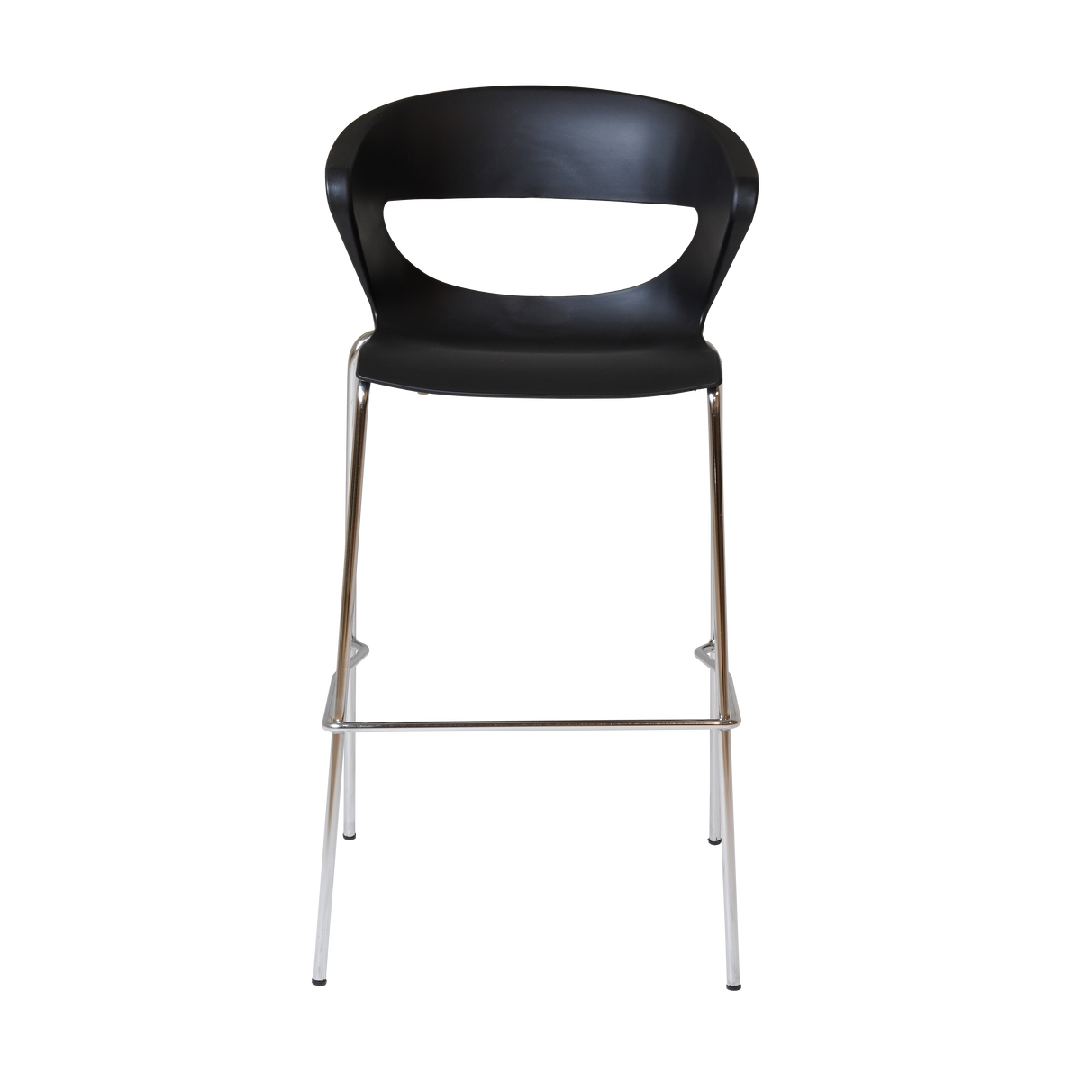 Rapidline Taurus stool in black, front view showing the cut out back, one piece shell and chrome footrest bar