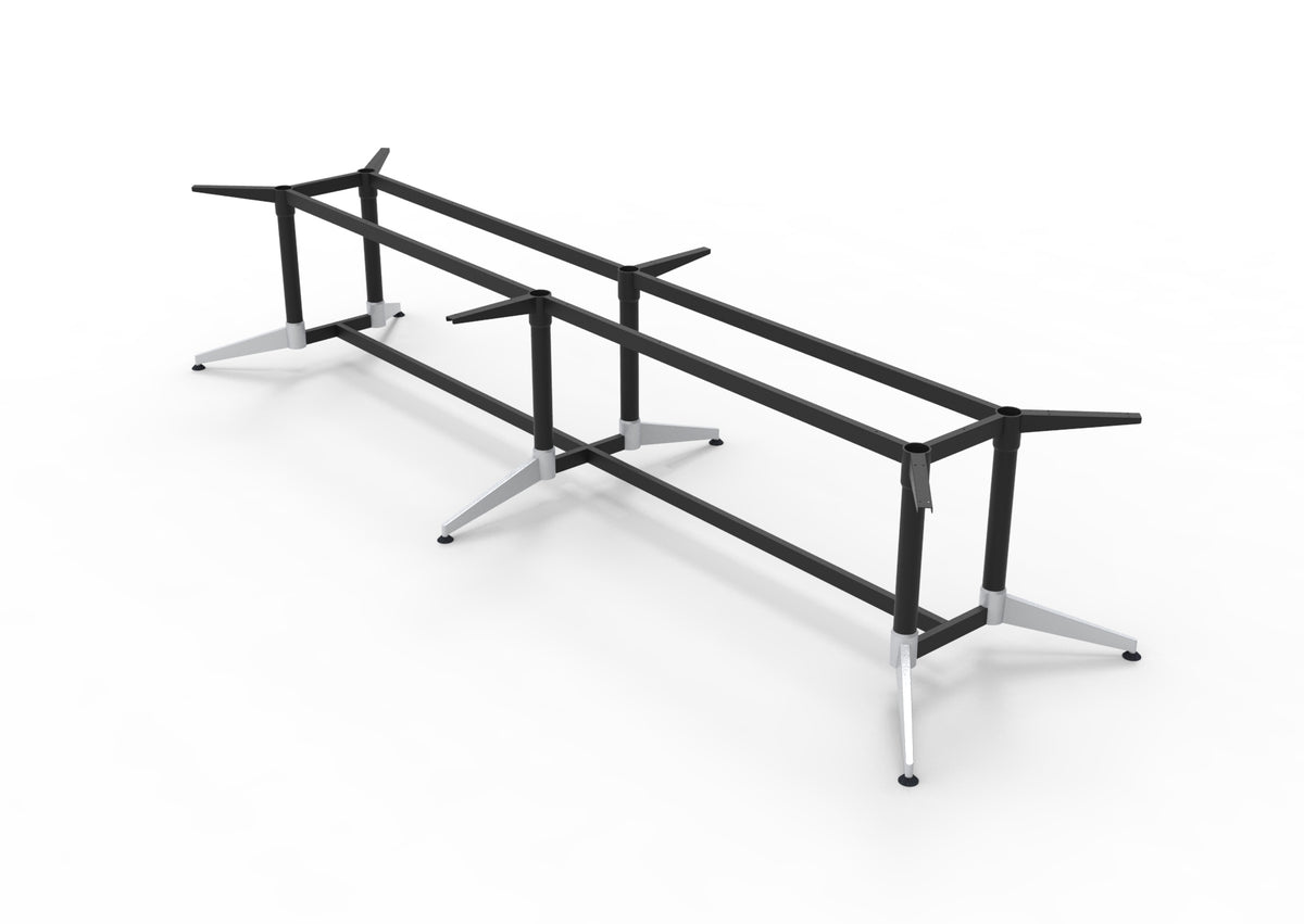 Rapidline Typhoon double stage meeting table frame in black with polished aluminium feet, viewed from one end along its length