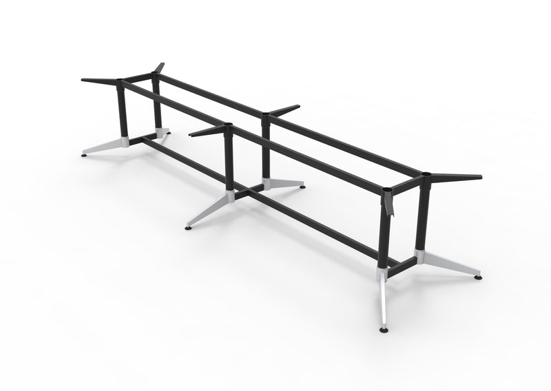 Rapidline Typhoon double stage meeting table frame in black with polished aluminium feet, viewed from one end along its length