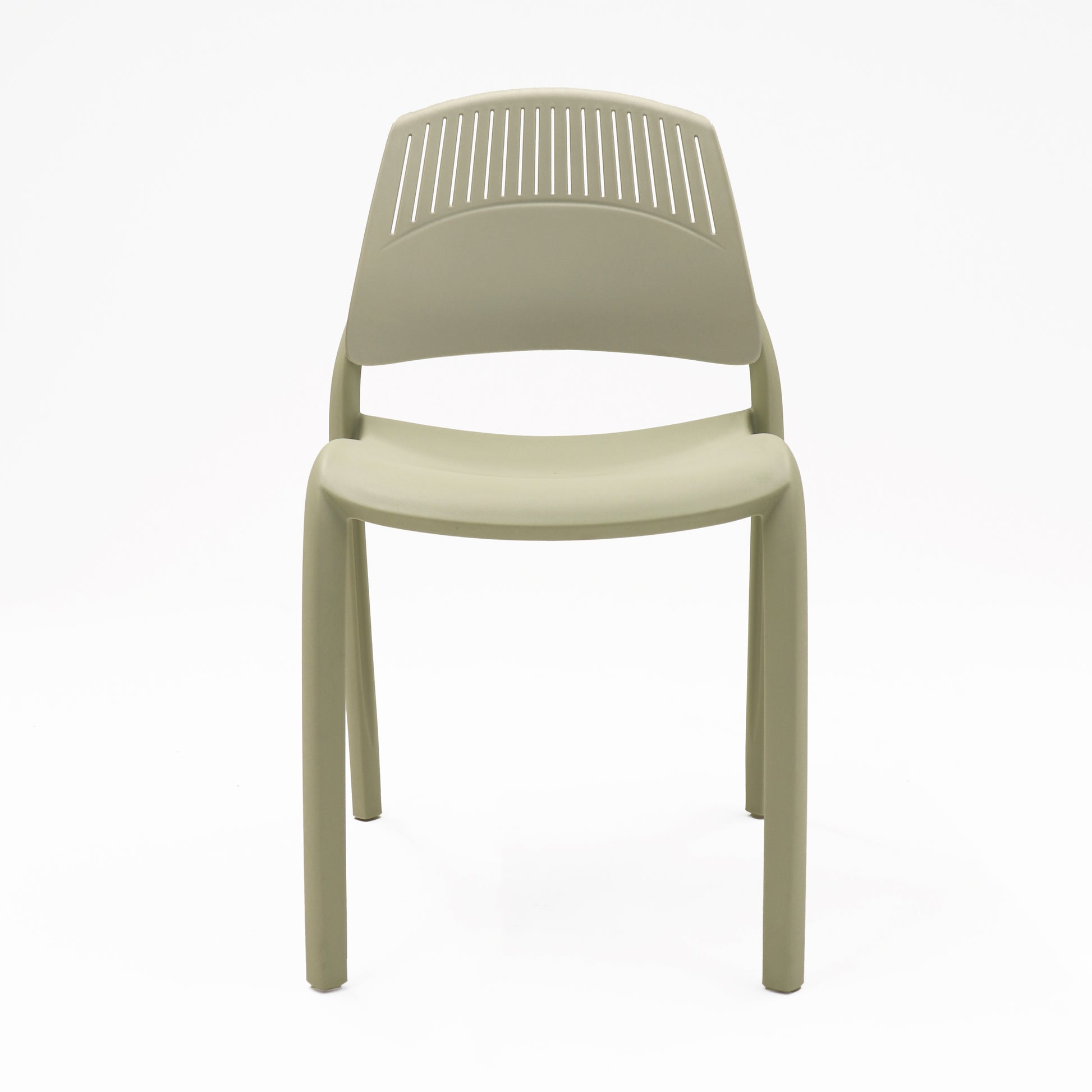 Rapidline Flexi high back stacking chair in all soft olive green, seat, legs and slotted backrest, front three quarter view on a plain background.
