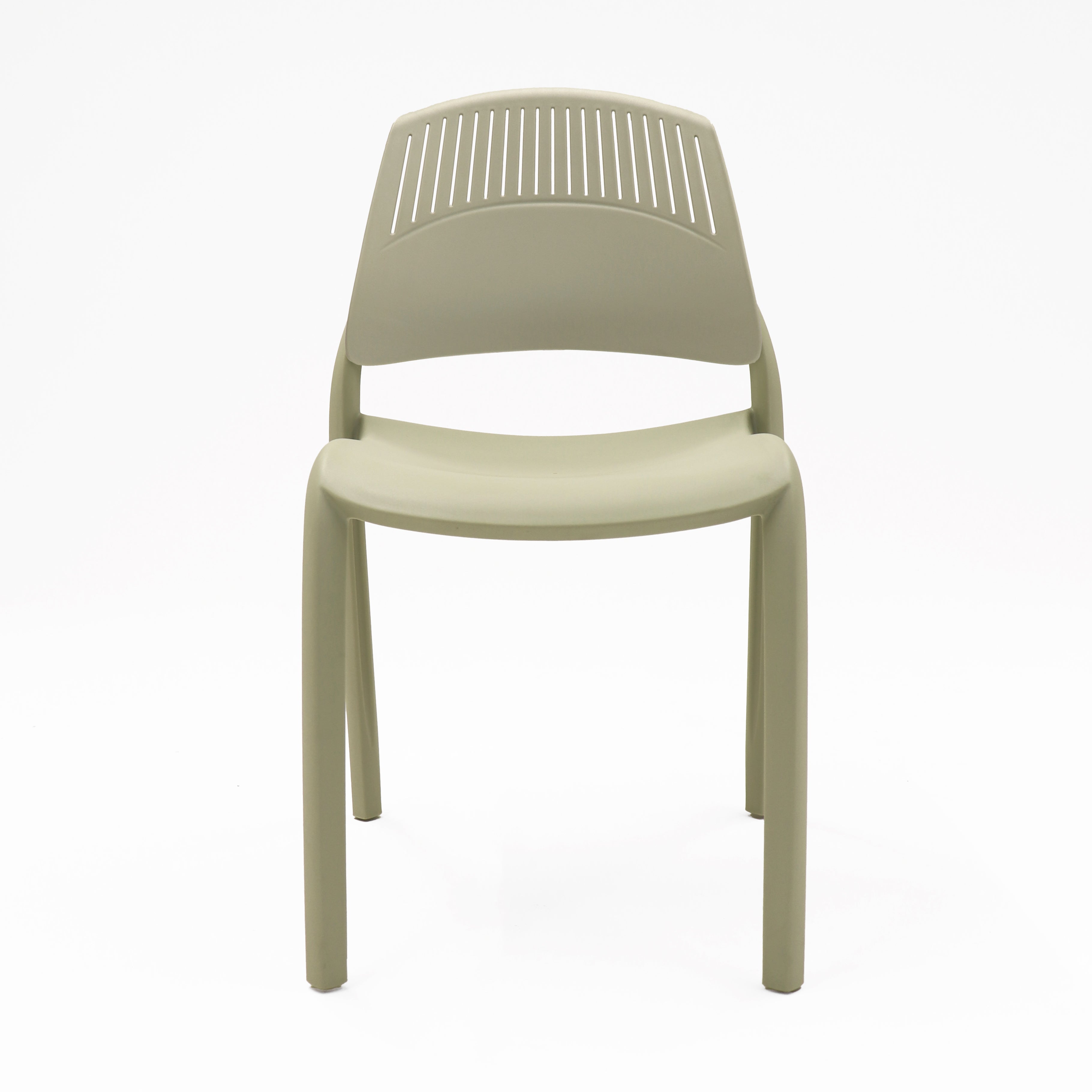 Rapidline Flexi high back stacking chair in all soft olive green, seat, legs and slotted backrest, front three quarter view on a plain background.