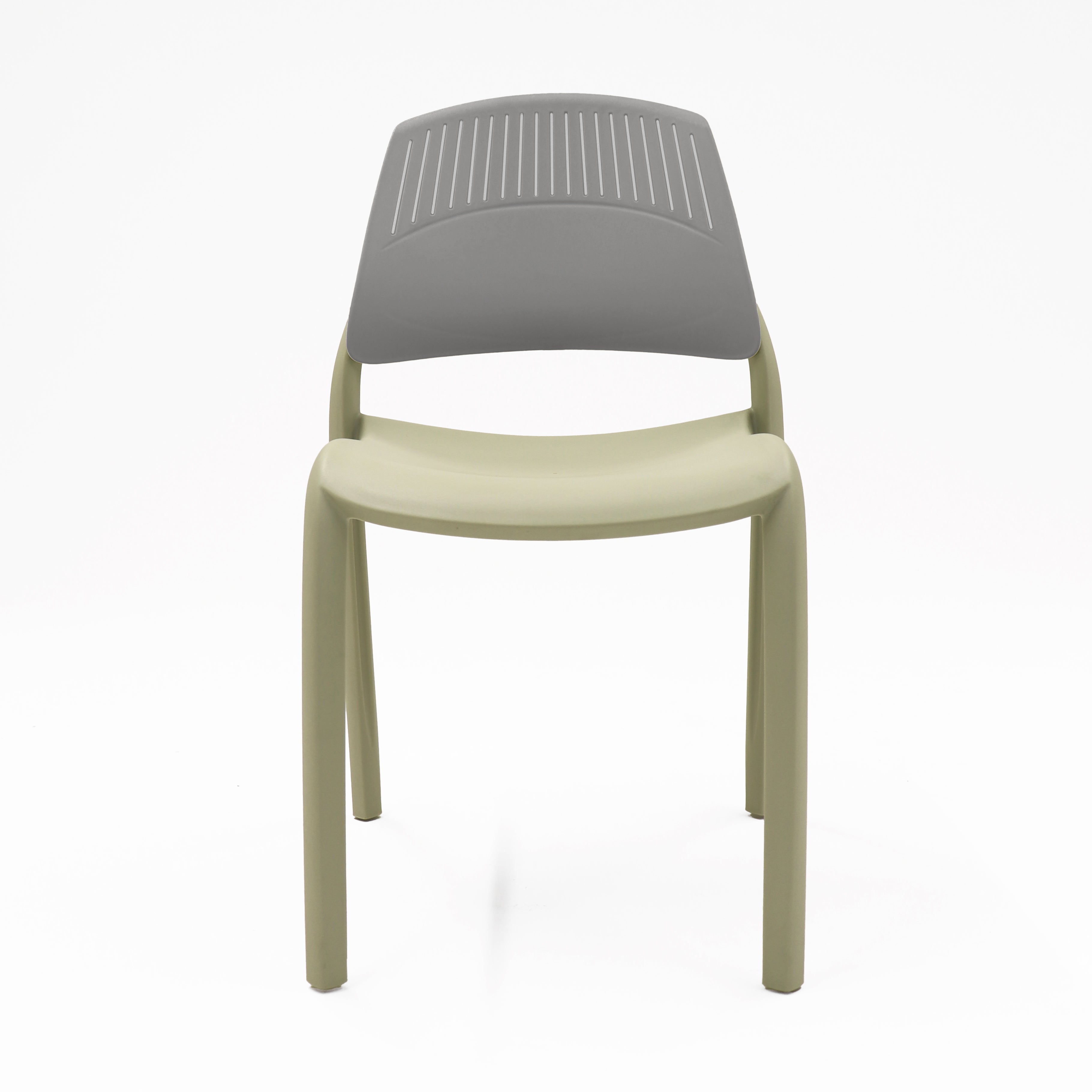 Rapidline Flexi high back stacking chair with a soft olive green seat and legs and a mid grey slotted backrest, front three quarter view on a plain background.