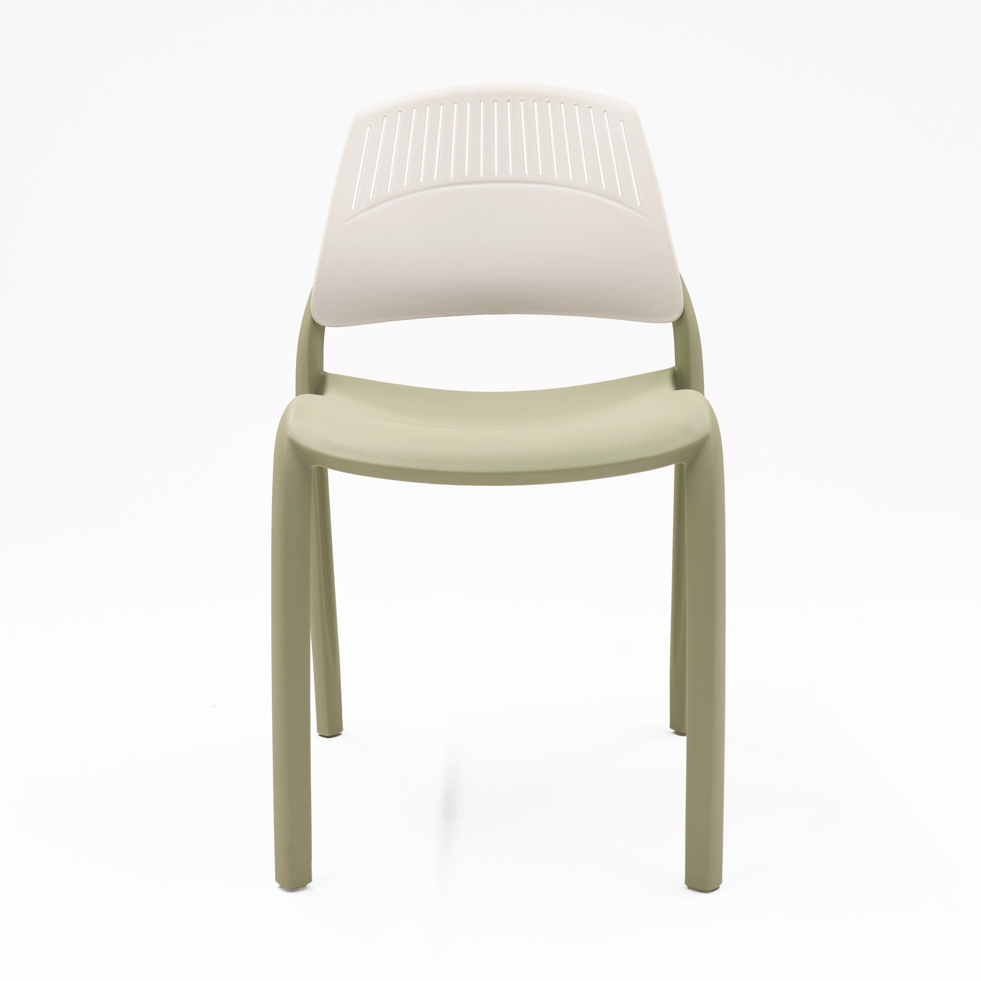 Rapidline Flexi high back stacking chair with a soft olive green seat and legs and a white slotted backrest, front three quarter view on a plain background.