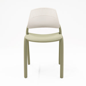 Rapidline Flexi high back stacking chair with a soft olive green seat and legs and a white slotted backrest, front three quarter view on a plain background.