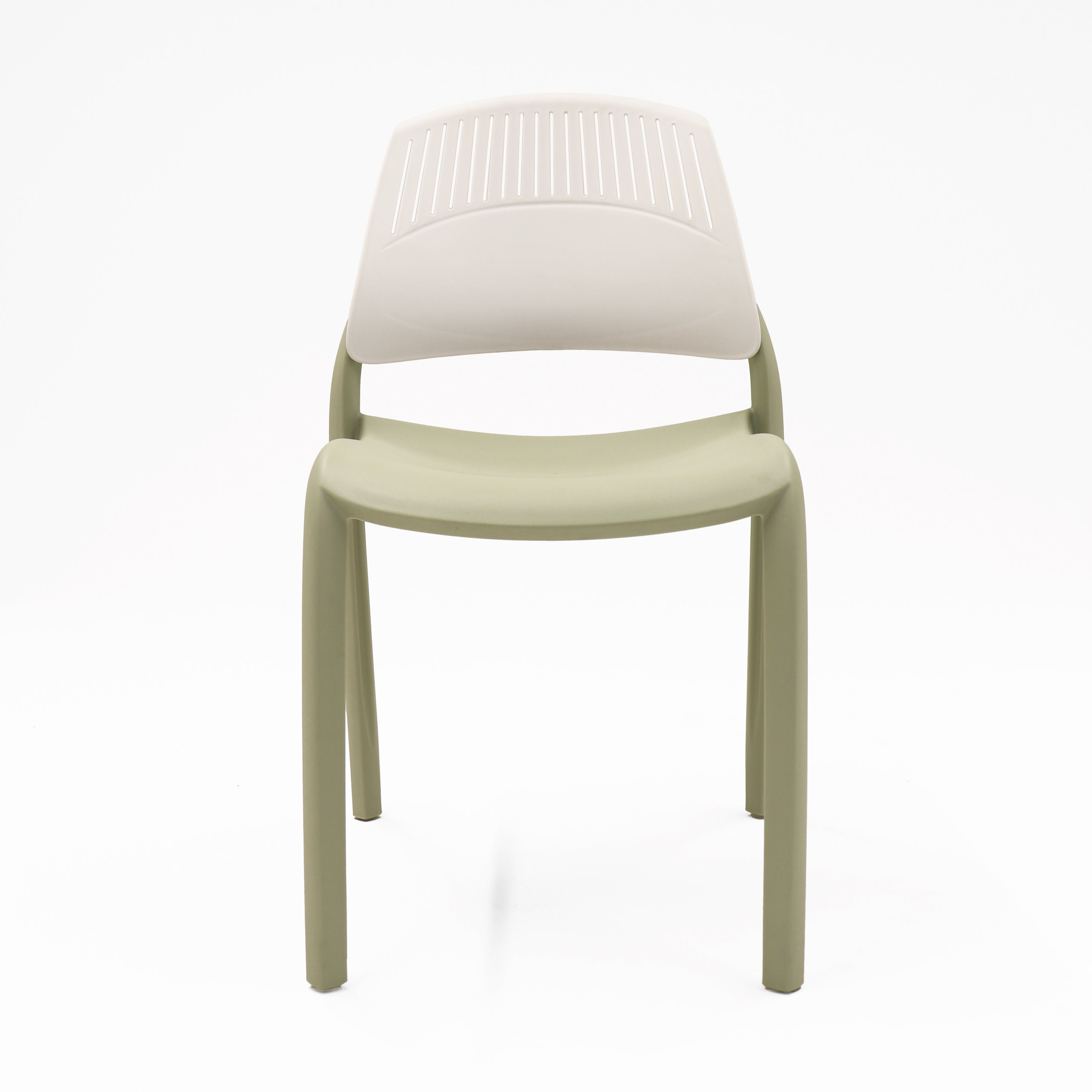 Rapidline Flexi high back stacking chair with a soft olive green seat and legs and a white slotted backrest, front three quarter view on a plain background.