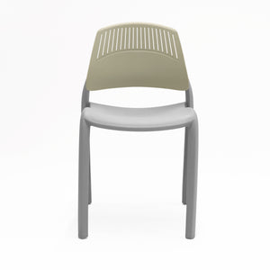 Rapidline Flexi high back stacking chair with a grey seat and legs and a soft olive green slotted backrest, front three quarter view on a plain background.