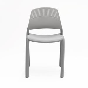 Rapidline Flexi high back stacking chair in all grey, seat, legs and slotted backrest, front three quarter view on a plain background.