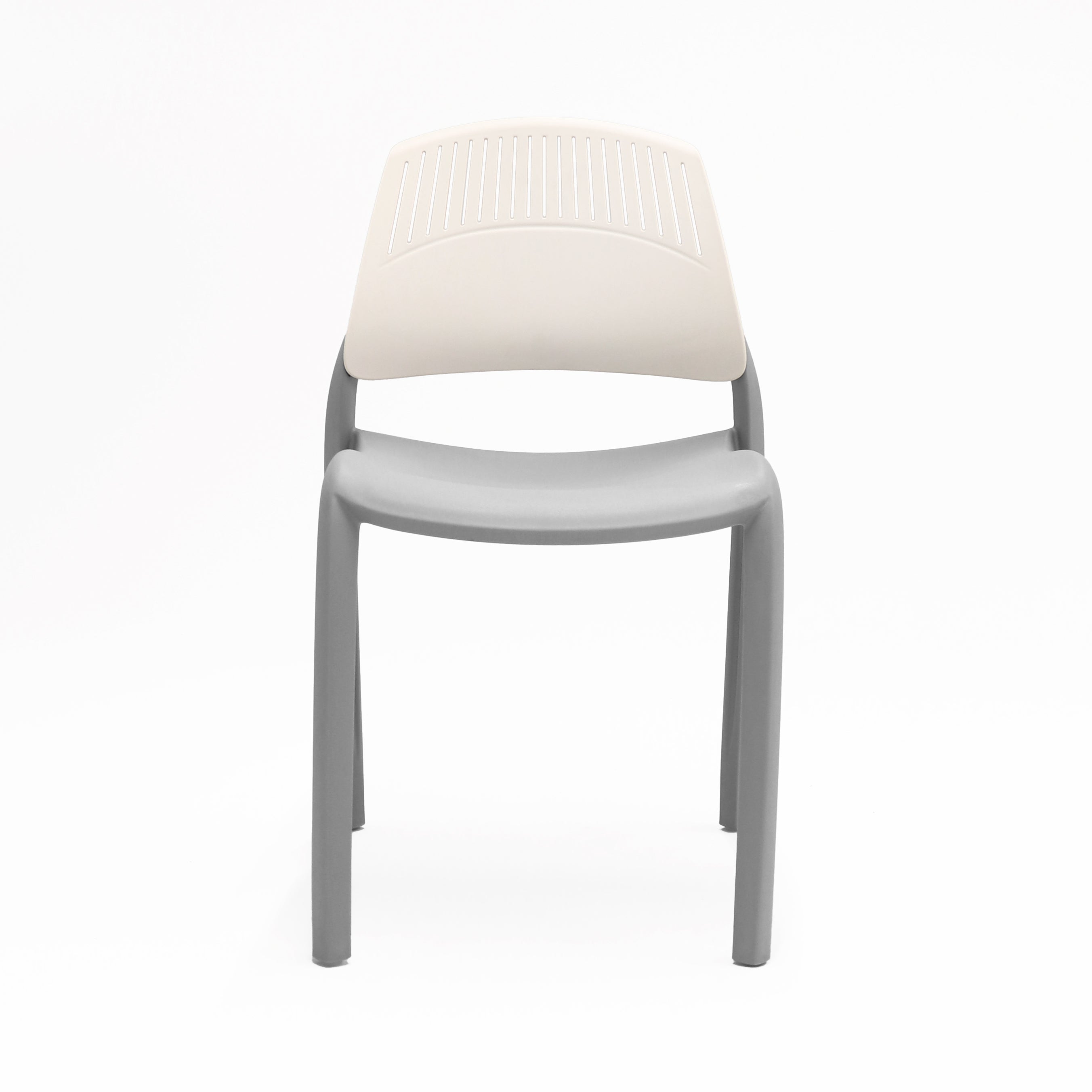 Rapidline Flexi high back stacking chair with a grey seat and legs and a white slotted backrest, front three quarter view on a plain background.
