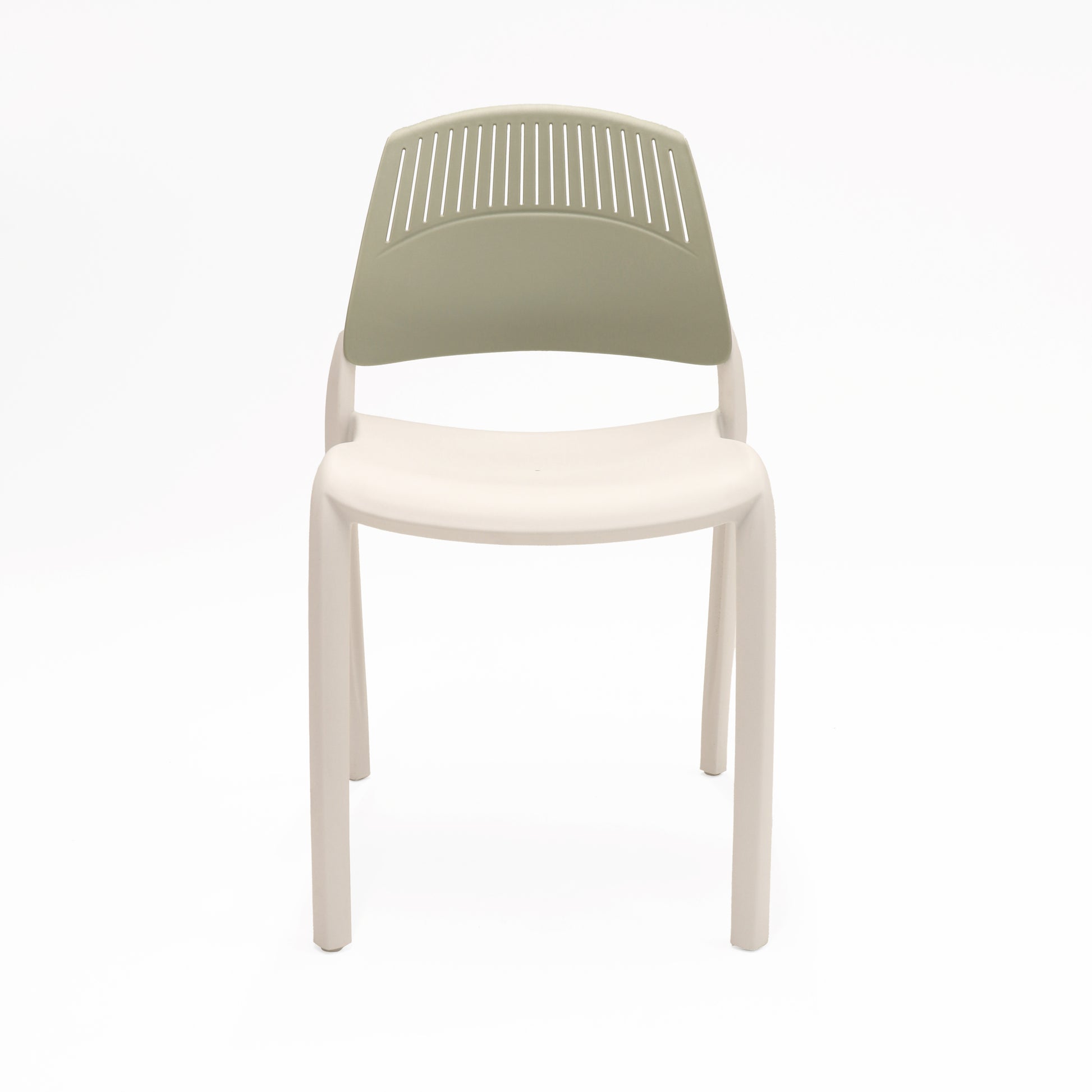 Rapidline Flexi high back stacking chair with a white seat and legs and a soft olive green slotted backrest, front three quarter view on a plain background.