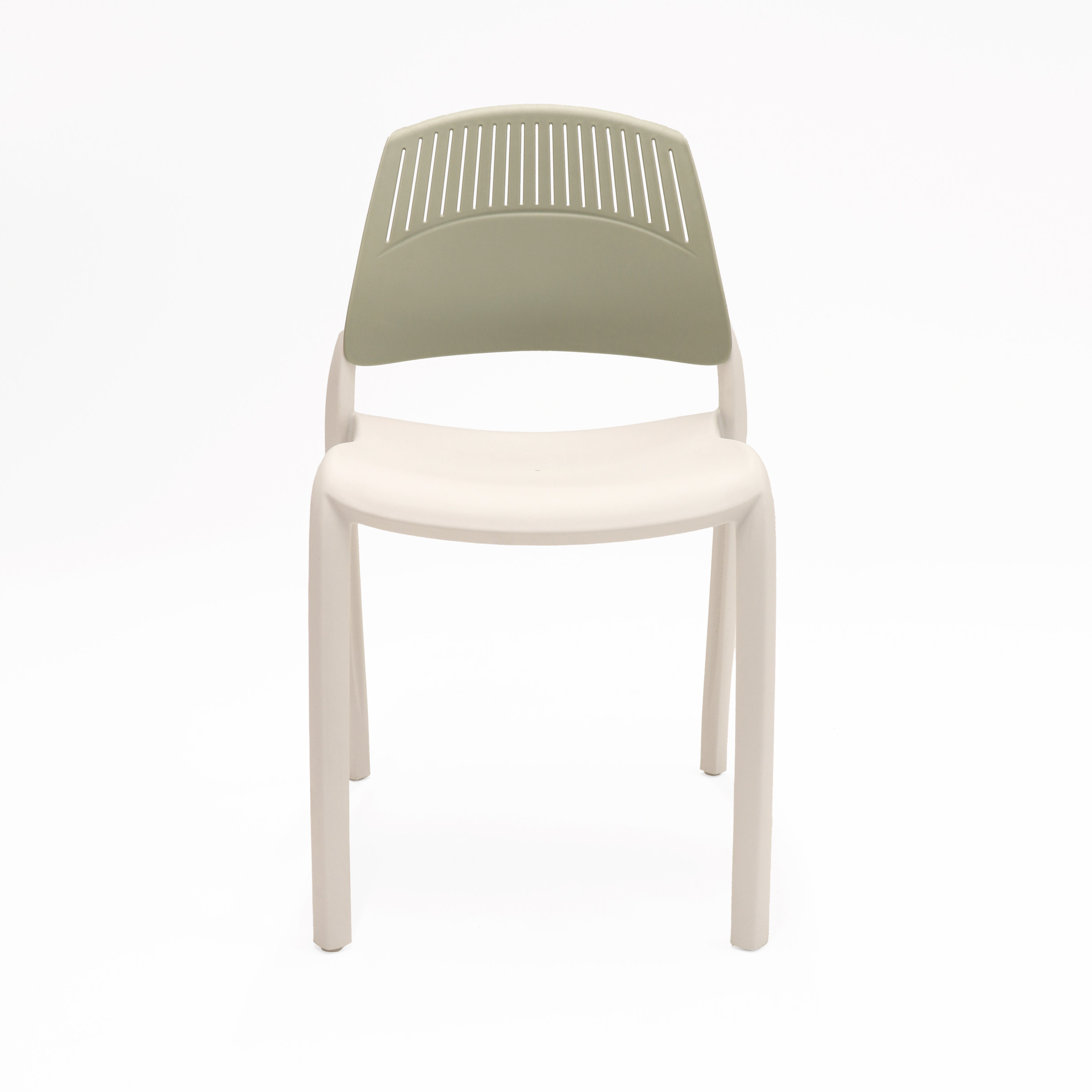 Rapidline Flexi high back stacking chair with a white seat and legs and a soft olive green slotted backrest, front three quarter view on a plain background.