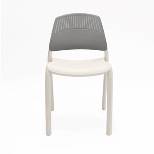 Rapidline Flexi high back stacking chair with a white seat and legs and a mid grey slotted backrest, front three quarter view on a plain background.