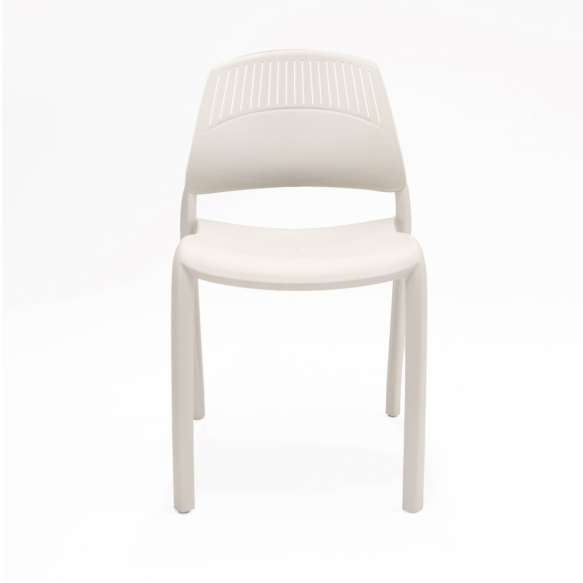 Rapidline Flexi high back stacking chair with a white seat and legs and a white slotted backrest, front three quarter view on a plain background.