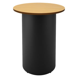 Rapidline drum base round high bar table with a Beech round top on a black powdercoated drum base, front view on a white background