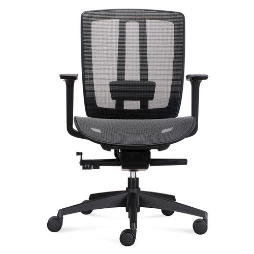 Front view of the Rapidline Oasis full mesh operator chair in black, showing the mesh seat, lumbar pad and adjustable arms.