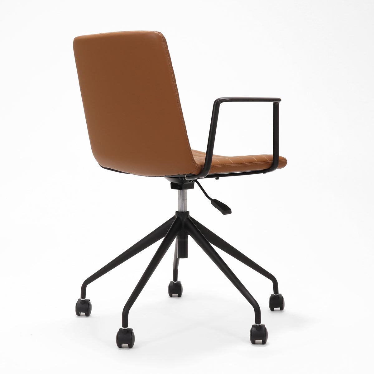 Rapidline Pixel 5 Star meeting chair with arms in amber PU on a black powdercoated five star swivel base with a gas strut and two loop arm rests, product photograph on a plain background showing the ribbed horizontal stitching across the seat and back.