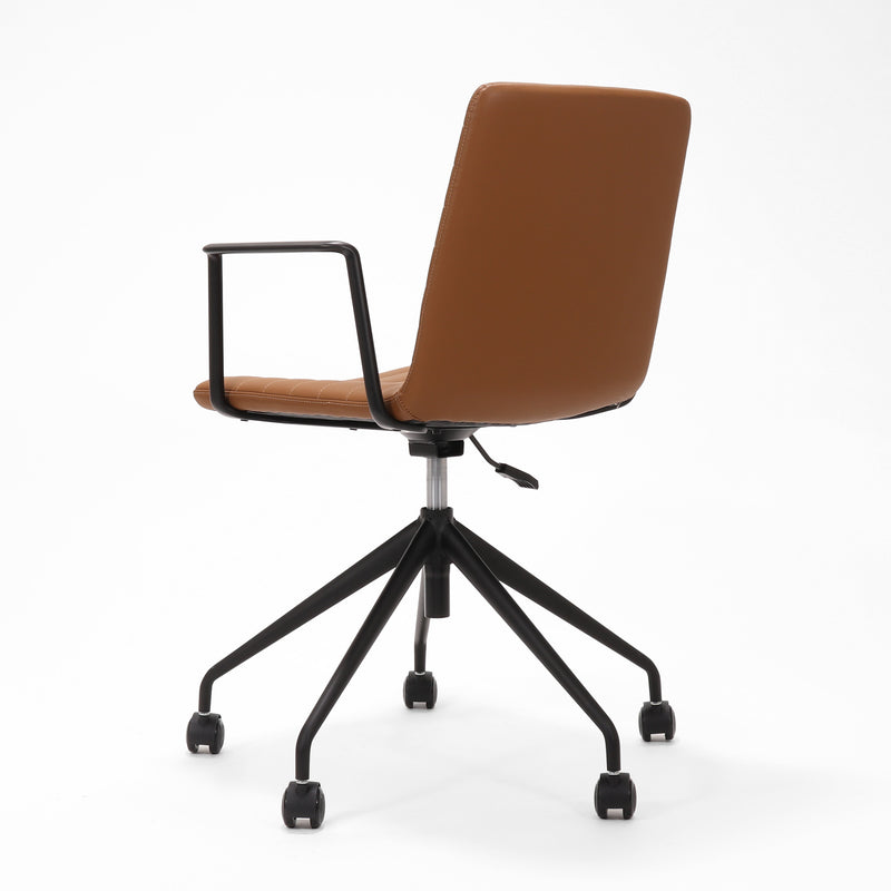 Rapidline Pixel 5 Star meeting chair with arms in amber PU on a black powdercoated five star swivel base with a gas strut and two loop arm rests, product photograph on a plain background showing the ribbed horizontal stitching across the seat and back.