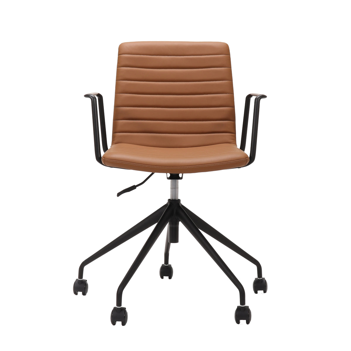 Rapidline Pixel 5 Star meeting chair with arms in amber PU on a black powdercoated five star swivel base with a gas strut and two loop arm rests, product photograph on a plain background showing the ribbed horizontal stitching across the seat and back.